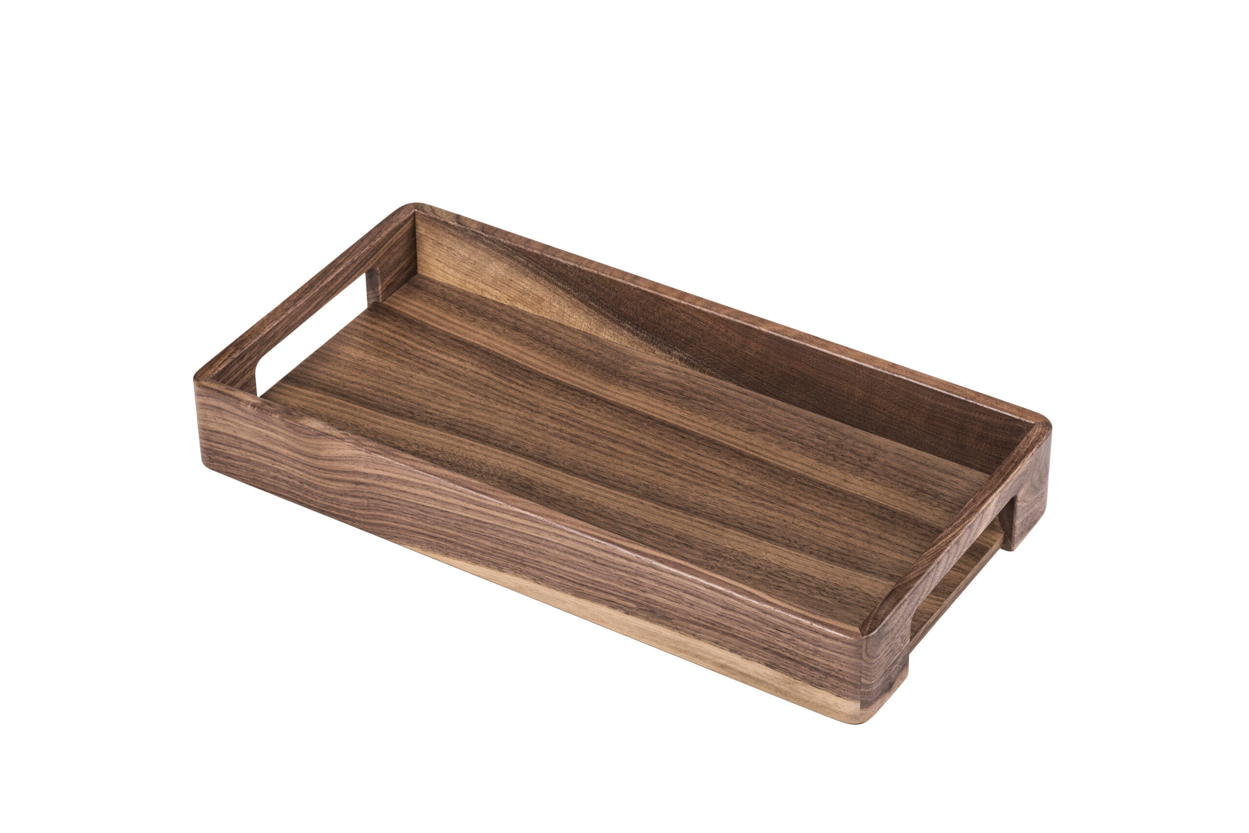 Plateau à poignées en noyer massif, petit modèle, idéal pour transporter vos repas avant la dégustation.